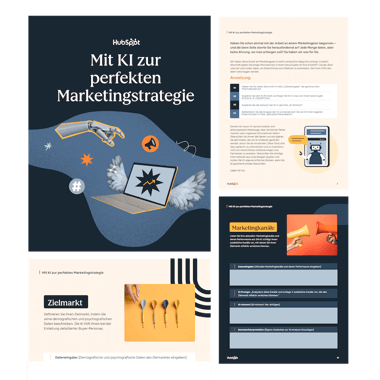 Vier Seiten aus der Vorlage für eine KI-gestützte Marketingstrategie 